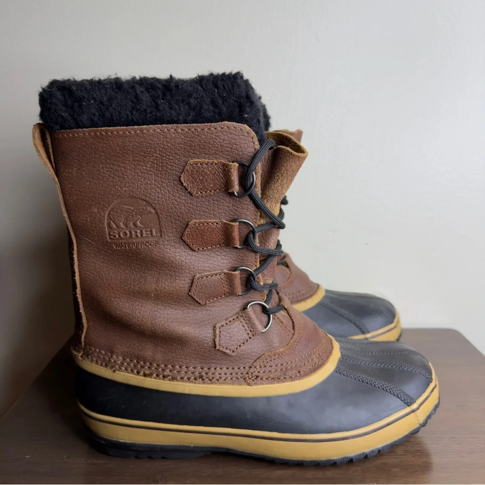 SOREL PAC T Brown Leather Waterproof Snow Boots Sz 9 Mens
